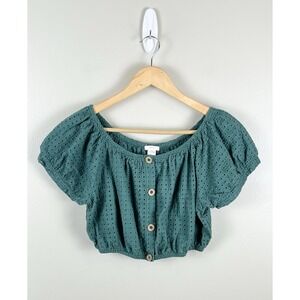 Eberjey Top Womens Lg Eyelet Puff Sleeve Green Cropped Boho Button Blouse